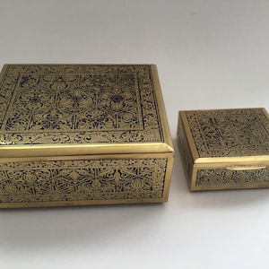 Vintage Decorative Handcrafted Etched Gold Color Metal Trinket box, Jewellery Storage Box, Set of 2