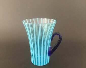 Fenton Handled Blue Rib Optic Ice Tea/Lemonade Tumbler. Glows under UV Light.