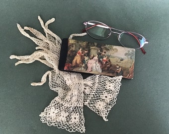 Vintage Case for Eyeglasses with Art of Renaissance Romance Scene Print on Satin.