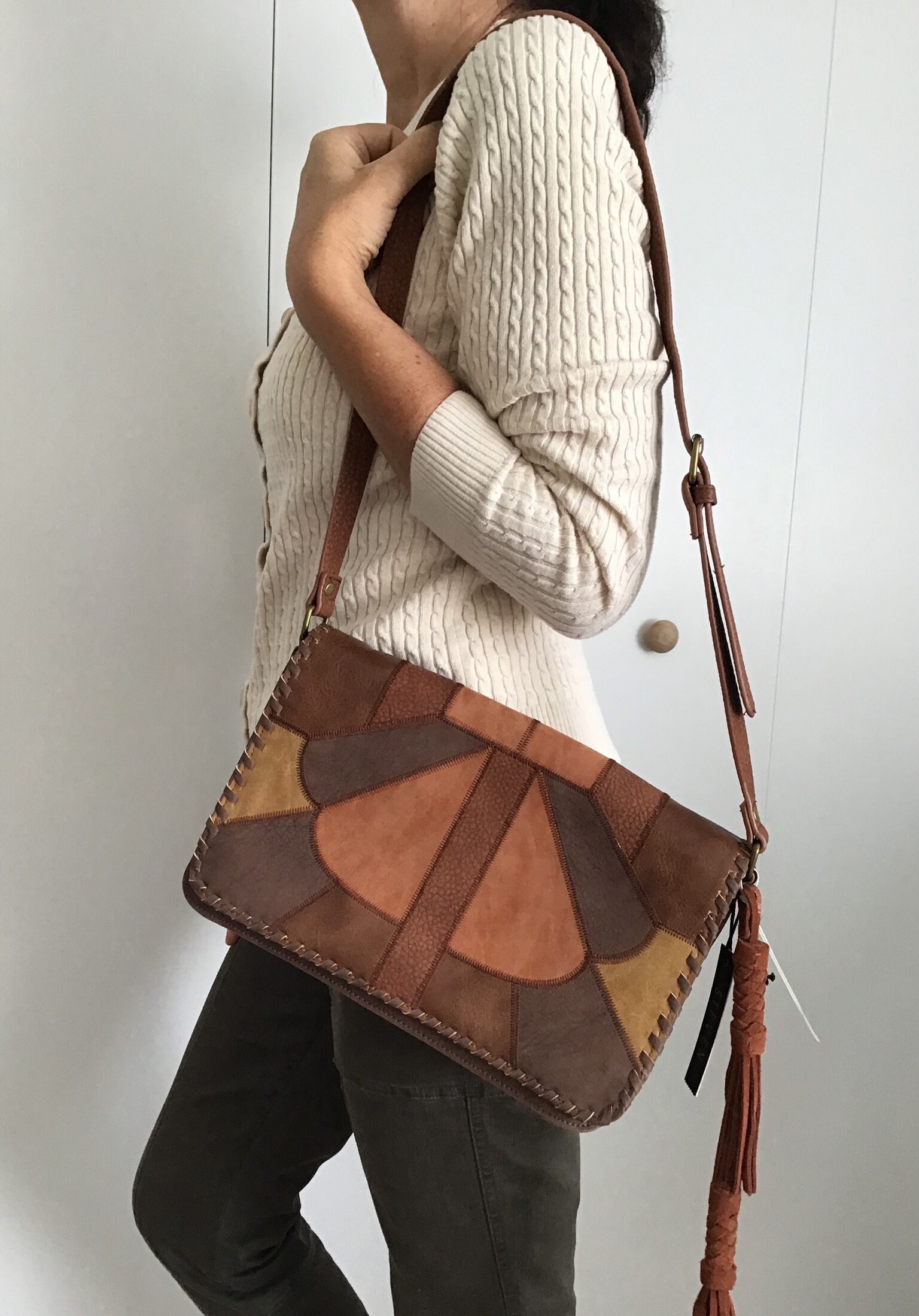 Brown faux letter patchwork shoulder bag