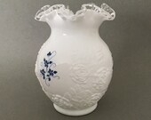 Fenton Double Crimped Silvercrest Embossed Rose Hand Painted (Blue Floral) Vase, Signed Vintage from 1970s