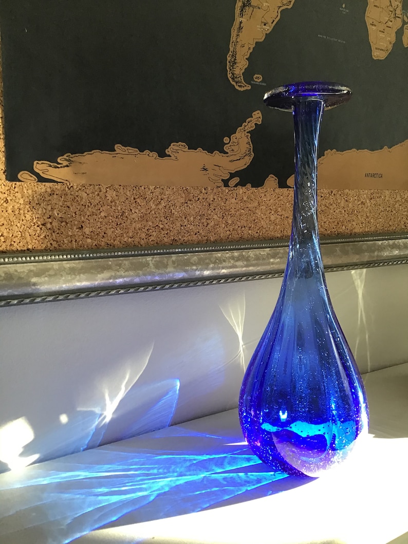Studio Art Glass Hand Blown Blue Glass Vase Stretch Swirl Neck Etsy