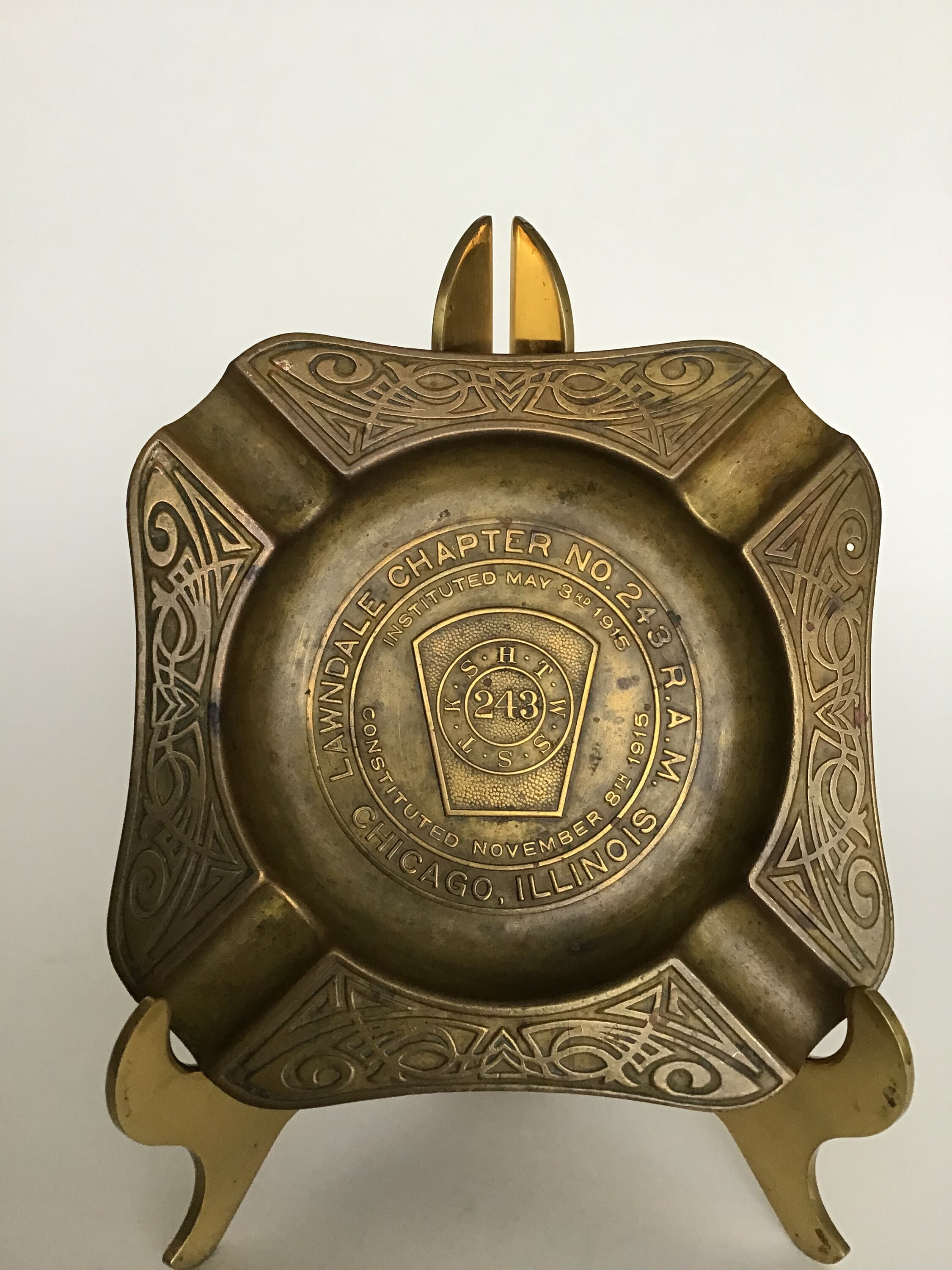 Antique Brass Ashtray With Masonic Symbols Made by S. D. Antique Brass Ashtray With Masonic Symbols Made by S. D.