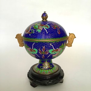 Chinese Brass Cloisonne Enamel Pedestal Dragon Box/Jar Royal Blue on the Wooden Stand