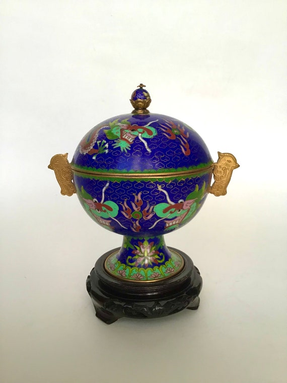 Chinese Brass Cloisonne Enamel Pedestal Dragon Box