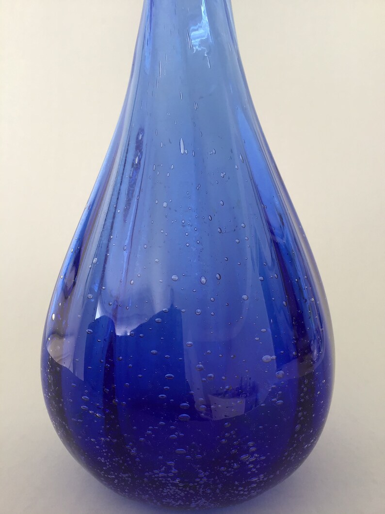 Studio Art Glass Hand Blown Blue Glass Vase Stretch Swirl Neck Etsy