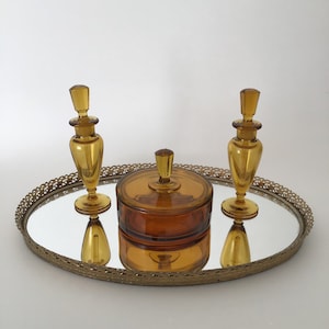 New Martinsville Amber Glass Vanity  3 Piece Set, Marked