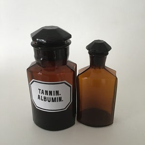 Antique Apothecary Amber Glass Bottle/Pharmacy Jar from Europe, Ground glass Stopper, Set of Two
