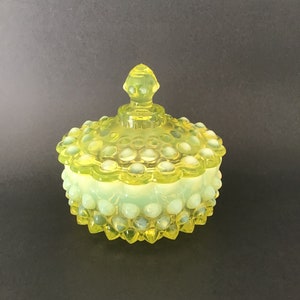 Vaseline Glass Canary Yellow Hobnail Topaz Opalescent Covered Candy Dish by Fenton