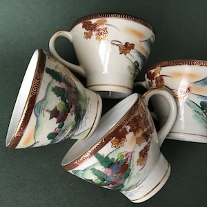 Antique Japanese Satsuma Marked Earthenware Hand Painted Teacups Set of 4