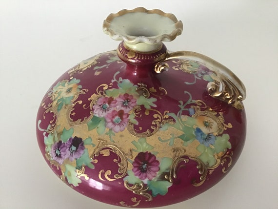 Vintage Hand Painted Floral Bud Vase with Gold Details and Ruffled Edge Vintage Hand Painted Floral Bud Vase with Gold Details and Ruffled Edge