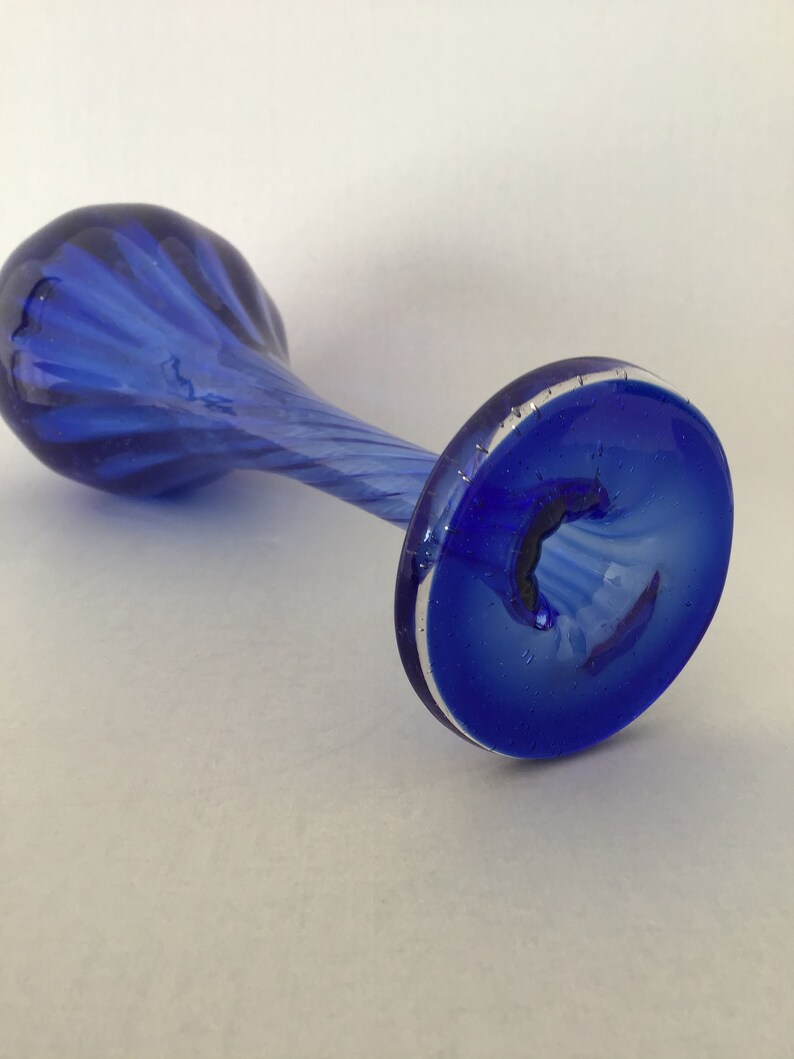 Studio Art Glass Hand Blown Blue Glass Vase Stretch Swirl Neck Etsy