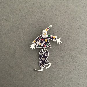 スターリングシルバーとエナメルのピエロブローチ/ペンダント、刻印あり、（メキシコ）