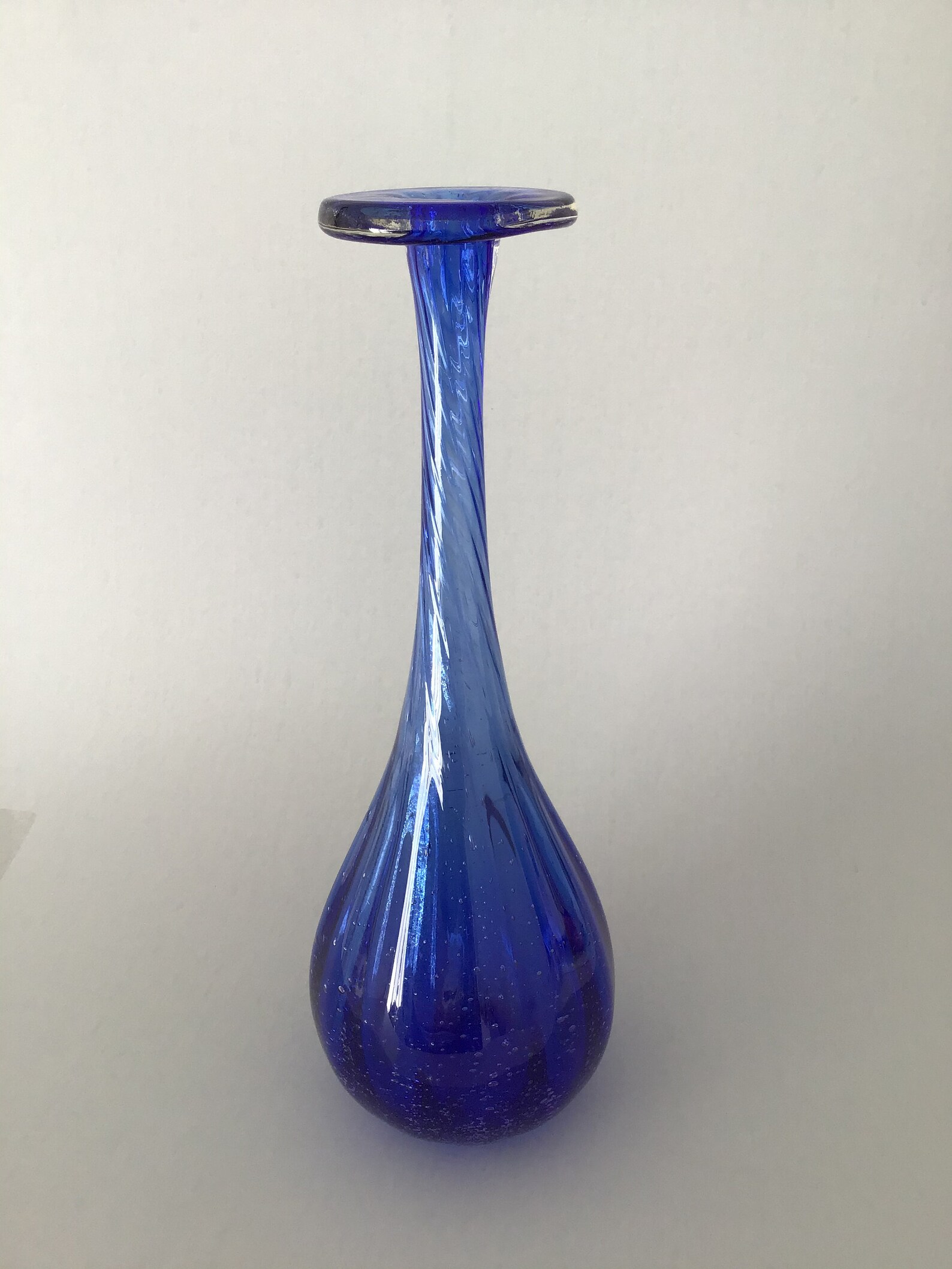 Studio Art Glass Hand Blown Blue Glass Vase Stretch Swirl Neck Etsy