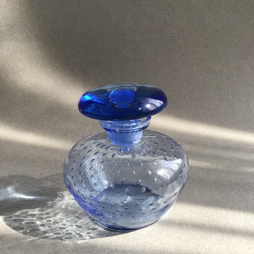 Vintage Blue Controlled Bubble Blown Glass shops Covered Perfume Bottle made in Czechoslovakia