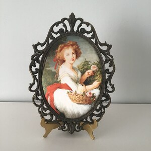 Vintage Victorian Style Silk Print in Ornate Metal Frame - Portrait of Princess Maria Christina of Bourbon 13”