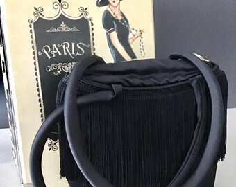 Vintage Black Satin Elegant Evening Bag with Long Fringe, made in France by “31 Février Paris”