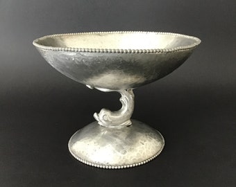 Vintage (1938) Handcrafted Pedestal Pewter Candy Bowl/Compote Dolphin Stem, Signed Initials.