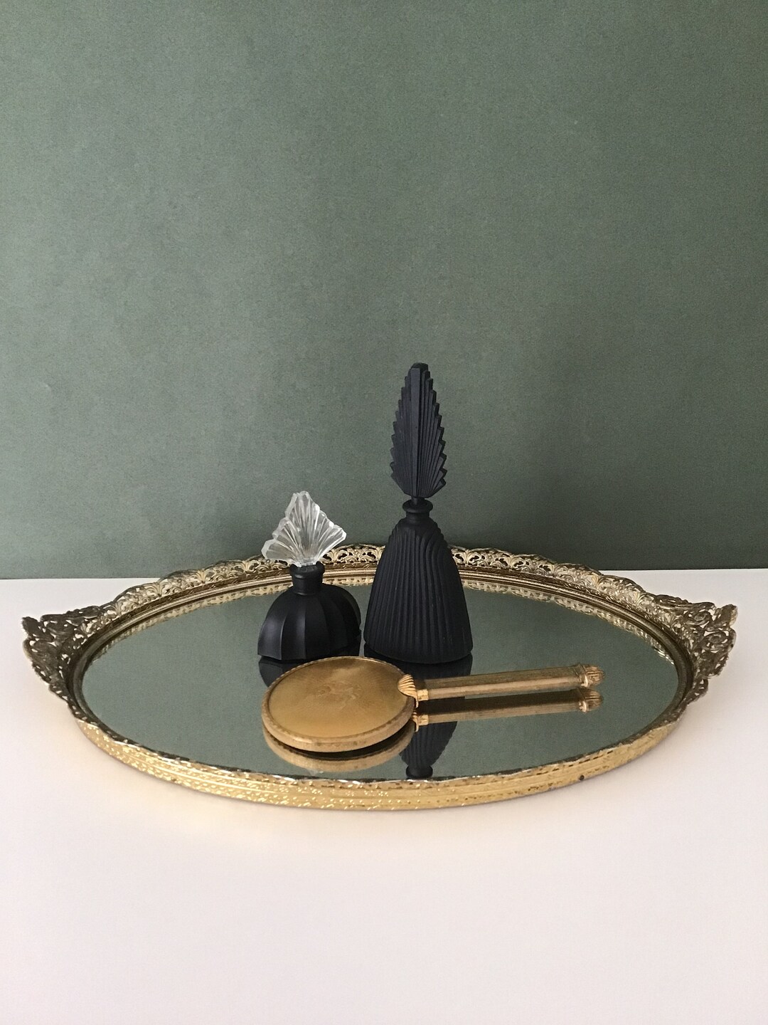 Vintage Perfume Vanity Mirrored Tray 18 X 11 With Gold Metal Etsy
