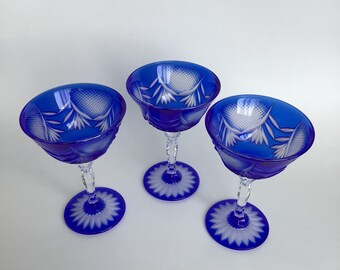 Cobalt Blue Cut to Frosted Clear Crystal Champagne/Tall Sherbet glasses Set of 3