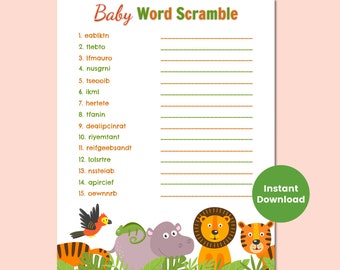 Safari baby shower word scramble game, gender neutral baby shower, safari animal baby shower game, jungle animal baby shower activities