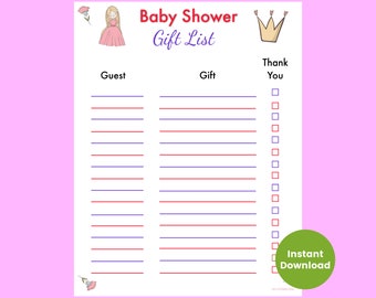 Princess baby shower gift list, printable gift tracker, purple baby shower guest list, pink baby shower for girls