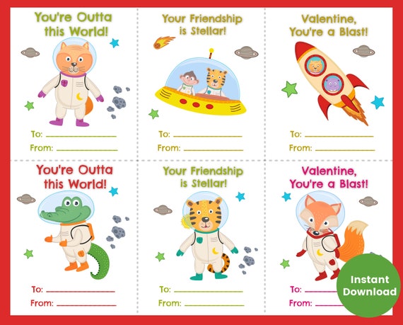 Space Valentine's Day Cards for Kids Printable Animal