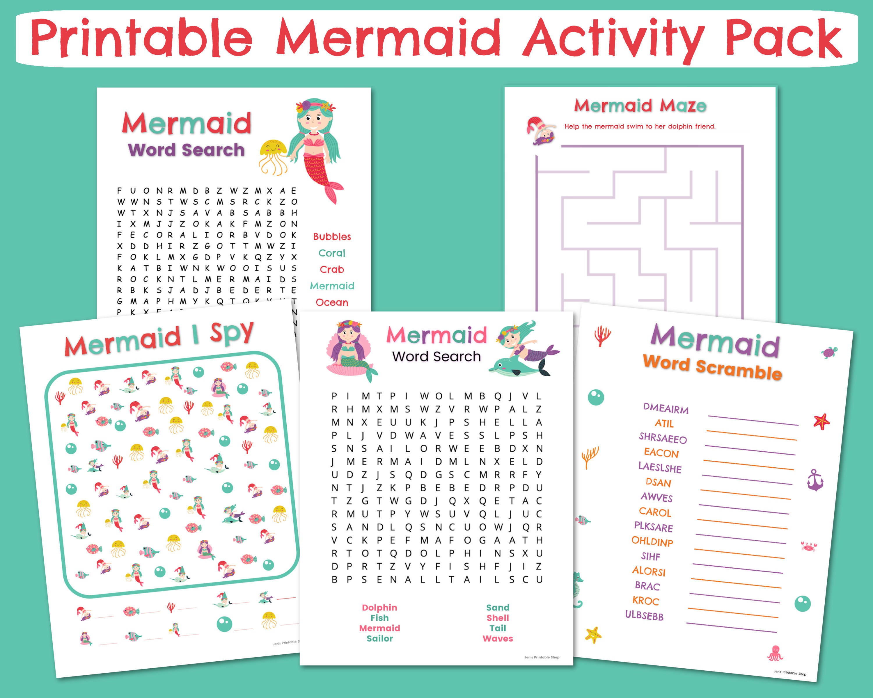 Mermaid Activities for Kids Word Search Puzzles Word - Etsy
