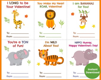 Wild Animal Valentine's Day Cards for Kids, printable toddler Valentines, school Valentines cards for boys, class Valentine card set