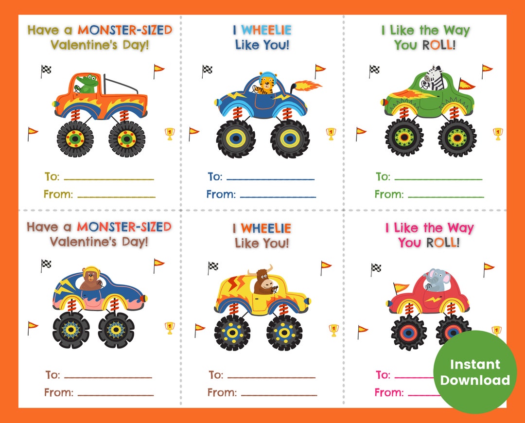 Monster Truck Valentine's Day Cards for Kids Printable - Etsy