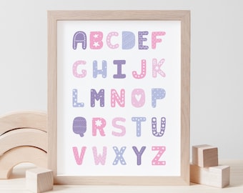 Alphabet Poster, Nursery Decor Wall Art, ABC Alphabet Print for Girls Nursery or Girls Room, Pink & Purple Nursery Decor Digital Print