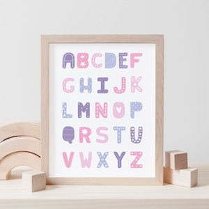Alphabet Poster, Nursery Decor Wall Art, ABC Alphabet Print for Girls Nursery or Girls Room, Pink & Purple Nursery Decor Digital Print