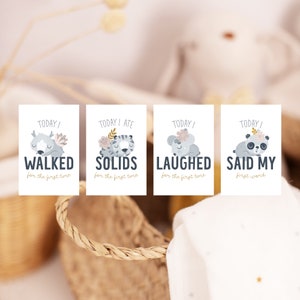 May include: Four baby milestone cards with animal illustrations and text. The cards read "Today I Walked", "Today I Ate Solids", "Today I Laughed", and "Today I Said My First Word". Each card features a different animal with floral accents.