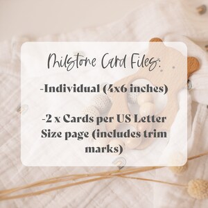 May include: A wooden bear-shaped teether and a white cloth background. Text on a white background reads "Milestone Card Files: -Individual (4x6 inches) -2 x Cards per US Letter Size page (includes trim marks)".