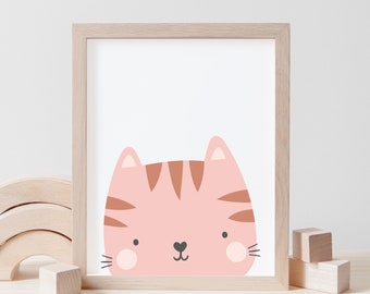 Pink Kitty Cat Wall Print, Girls Room, Nursery Print, Kids Wall Art, Baby Girl Print, Cute Pink Cat Illustration for Nursery or Girls Room