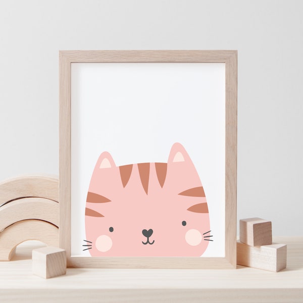 Pink Kitty Cat Wall Print, Girls Room, Nursery Print, Kids Wall Art, Baby Girl Print, Cute Pink Cat Illustration for Nursery or Girls Room