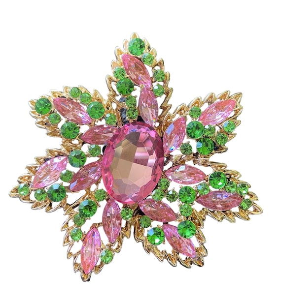 Rhinestone Pink Sorority Brooch Women's Floral Church Pin Green