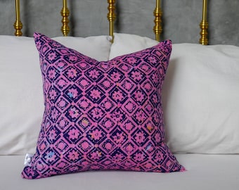 Pink & Purple Hand Drawn Batik Cushion. Double Sided 16&quot;x16&quot; Square Pillow Cover/ Case, Authentic Handprinted Batik