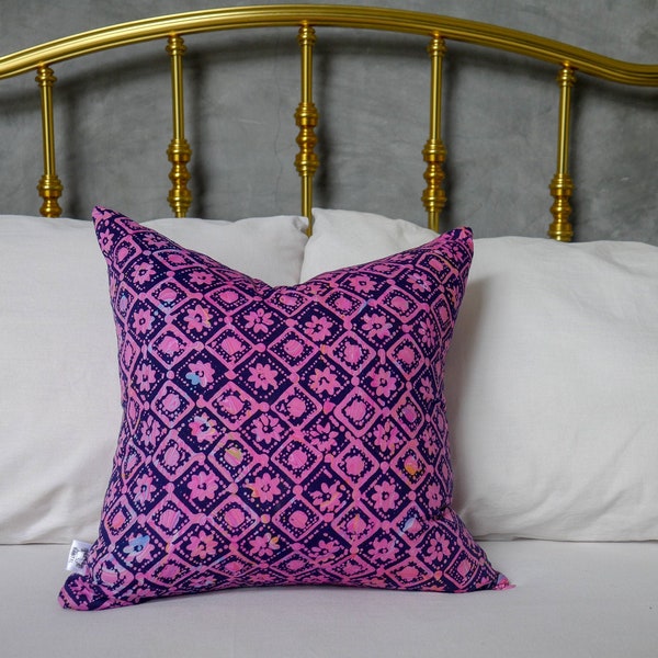 Pink & Purple Hand Drawn Batik Cushion. Double Sided 16"x16" Square Pillow Cover/ Case, Authentic Handprinted Batik