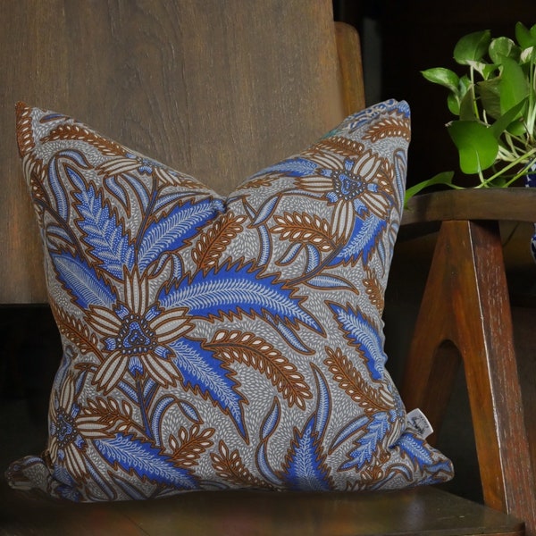 Grey & Blue Hand Drawn Batik Cushion, Double Sided 16"x16" Square Pillow Cover/ Case, Authentic Batik