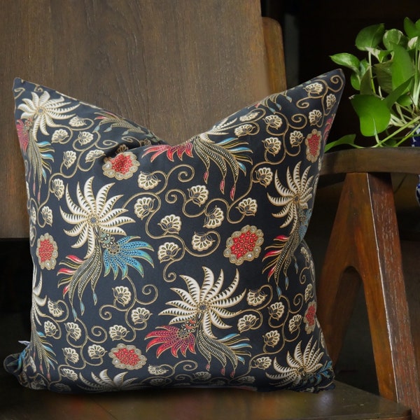 Black Batik Cushion, Double Sided 18"x18" Square Pillow Cover/ Case, Authentic Batik