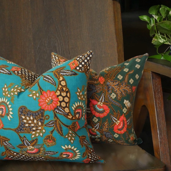 Turquoise Batik Cushion, Double Sided 16"x16" Square Pillow Cover/ Case, Authentic Batik