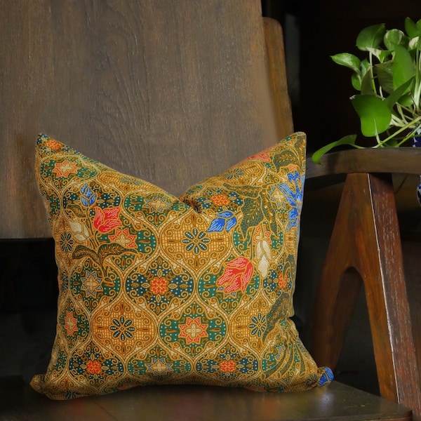 Green Batik Cushion, Double Sided 16"x16" Square Pillow Cover/ Case, Authentic Batik