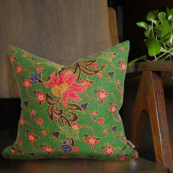 Green Batik Cushion, Double Sided 16"x16" Square Pillow Cover/ Case, Authentic Batik