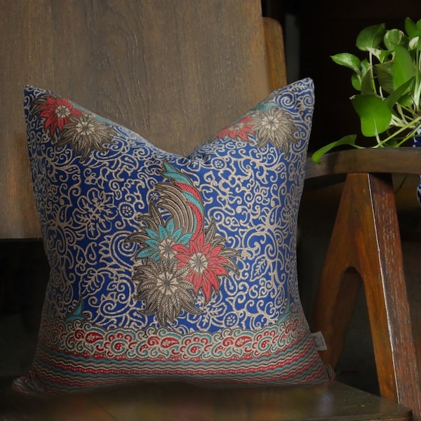 Blue Batik Cushion, Double Sided 18"x18" Square Pillow Cover/ Case, Authentic Batik