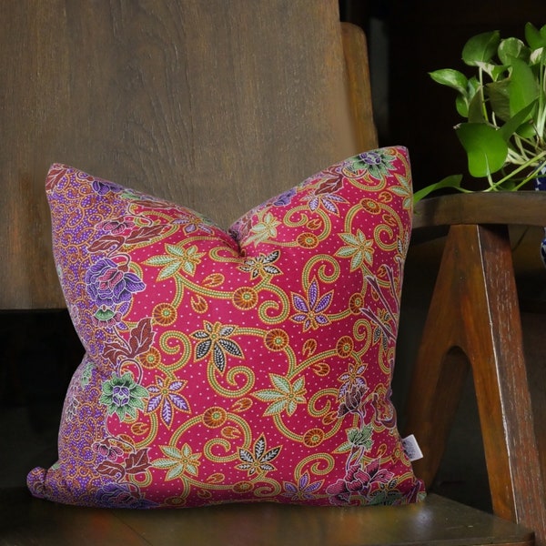 Pink Batik Cushion, Double Sided 16"x16" Square Pillow Cover/ Case, Authentic Batik
