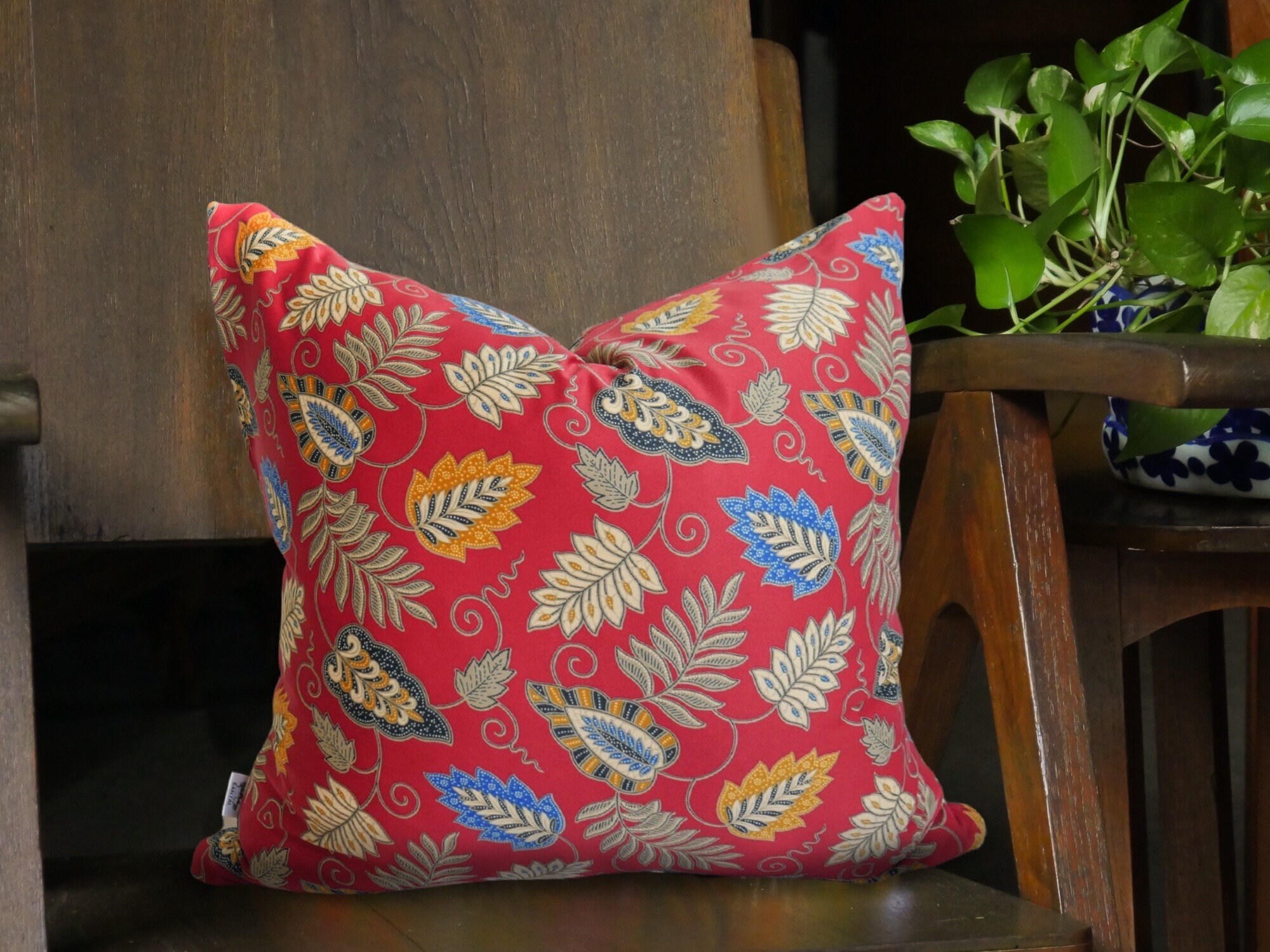 Red Batik Cushion, Double Sided 18"x18" Square Pillow Cover/ Case, Authentic Batik