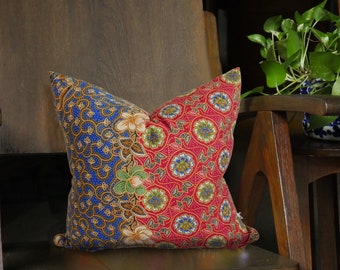 Red & Blue Batik Cushion, Double Sided 16&quot;x16&quot; Square Pillow Cover/ Case, Authentic Batik