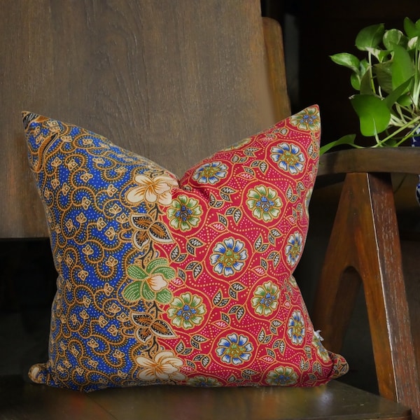 Red & Blue Batik Cushion, Double Sided 16"x16" Square Pillow Cover/ Case, Authentic Batik