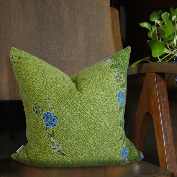 Lime Green Batik Cushion, Double Sided 16"x16" Square Pillow Cover/ Case, Authentic Batik